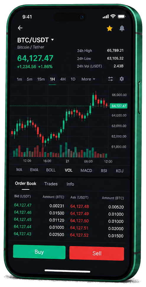 Mobiel handelsplatform van Meerbaat Ventures — live BTC/USDT-grafiek met orderboek en koop- en verkoopfuncties